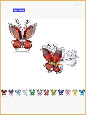 Sterling Silver Butterfly Stud Earrings with Ruby Birthstone, Hypoallergenic